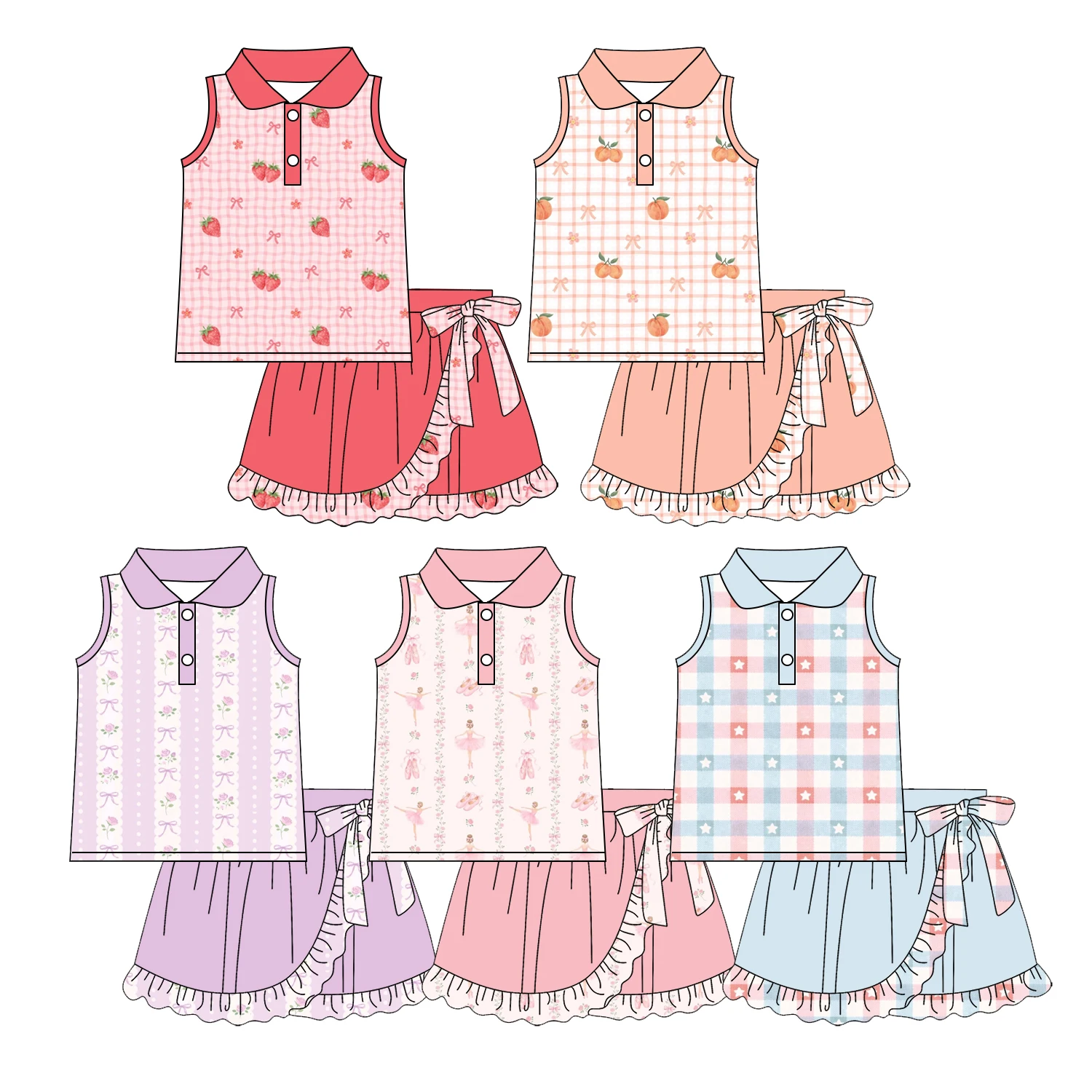 New Fashion Infant Girl Lapel Sleeveless Ruffle Dress Girl Outfit Set  Floral Strawberry and Peach Print Milk Silk 2-Piece Set