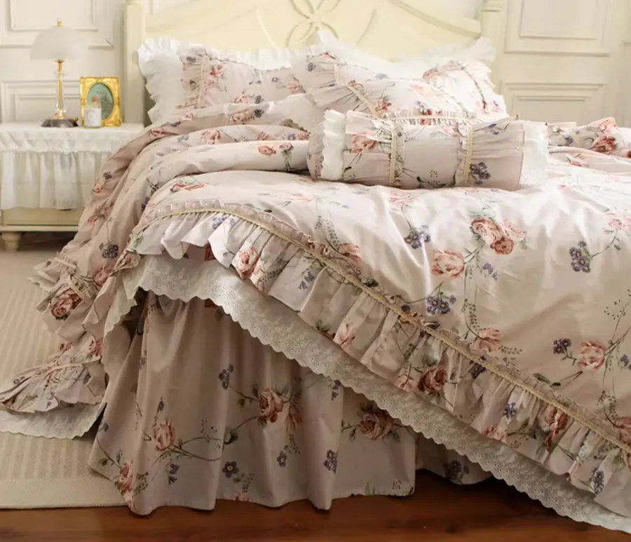 Imagem -02 - Conjunto de Cama Floral Vintage em Renda Colcha de Algodão Fronha de Colcha Romântica Completa Rainha Rei Francês Têxtil Doméstico Casa