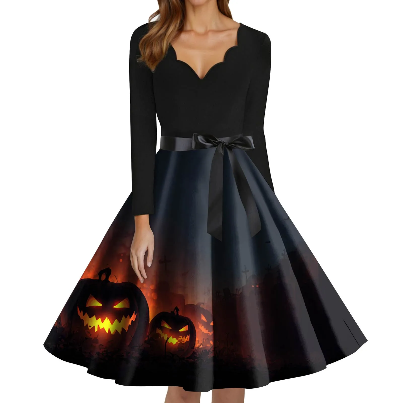 Damska moda Dekolt w serek Codzienna Wąska Sukienka z nadrukiem na Halloween z długim rękawem Eleganckie sukienki damskie na imprezę Sukienka damska na imprezę