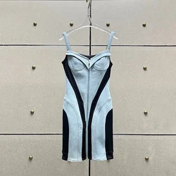 DEAT Streetwear Patchwork Contrast Color Denim Dress For Women Sleeveless Zipper Short Dresses 2024 Autumn Female New 11XX4973