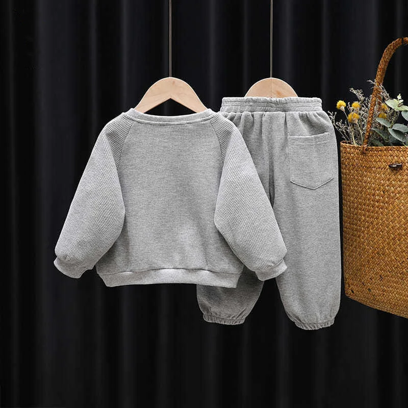 

И комплекты из свитшота с вафельным узором для маленьких мальчиков + спортивных брюк, детский спортивный костюм, детская одежда, весна-осень