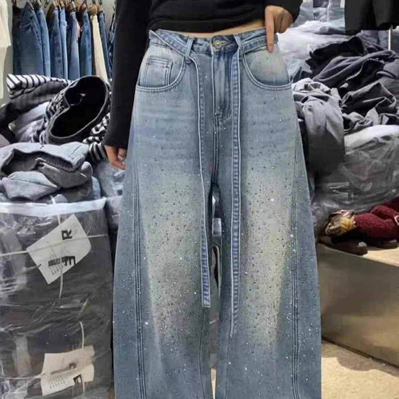 Personalized Street American Retro Gypsy Hot Diamond Splicing Jeans Spice Girls New Fashion Loose Bf Lazy Wind Mopping Trousers