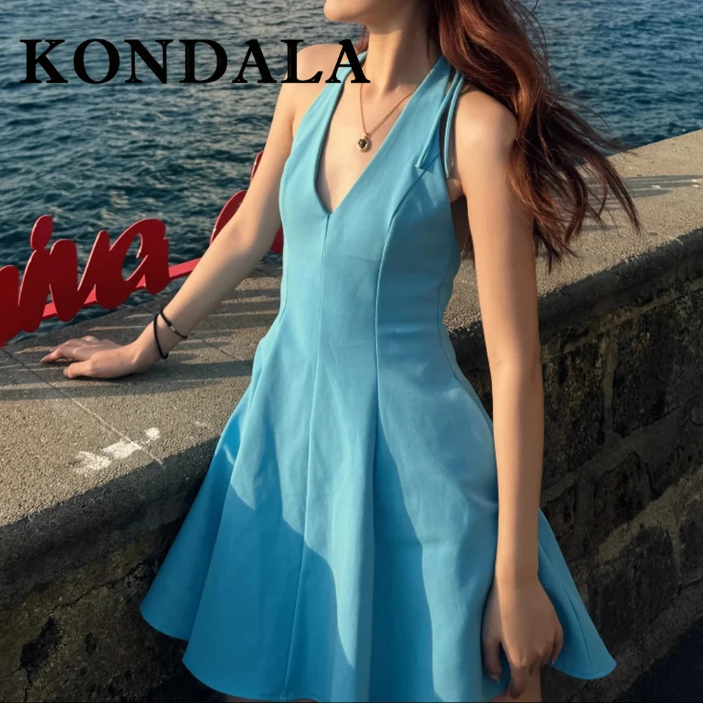 KONDALA Chic Solido Sexy Pieghettato Donna Cami Dress Moda 2025 Estate Halter Backless A-Line Dress Night Party Beach Y2K Abiti