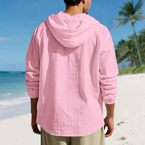 Imagen 2 del producto Camisa con capucha de lino de verano para hombre, cárdigan informal ligero y transpirable con protección solar para playa, ropa de estilo de pareja para vacaciones