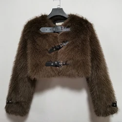 Environmentally Friendly Faux Fur Coats Women Winter Fall Short Cut Long Sleeves Belt Buttons Thick Warm Faux Fur Coats Lady