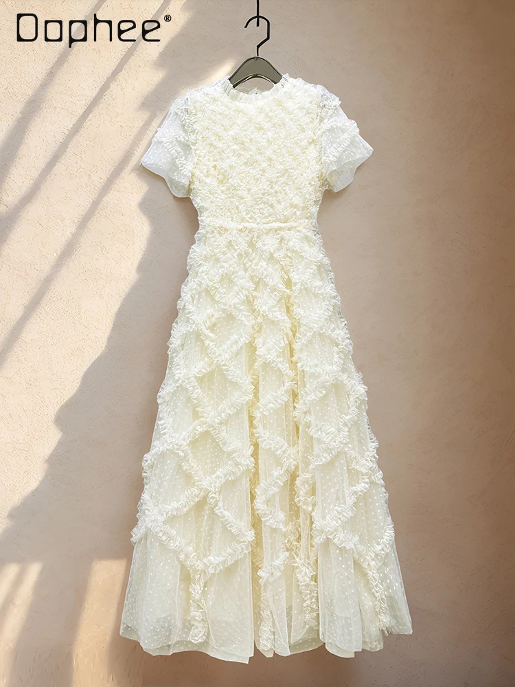 

Heavy Industry Mesh Three-Dimensional Flower Round Neck Short Sleeve Slim High-End Elegant Dresses Light Luxury A-line Dress