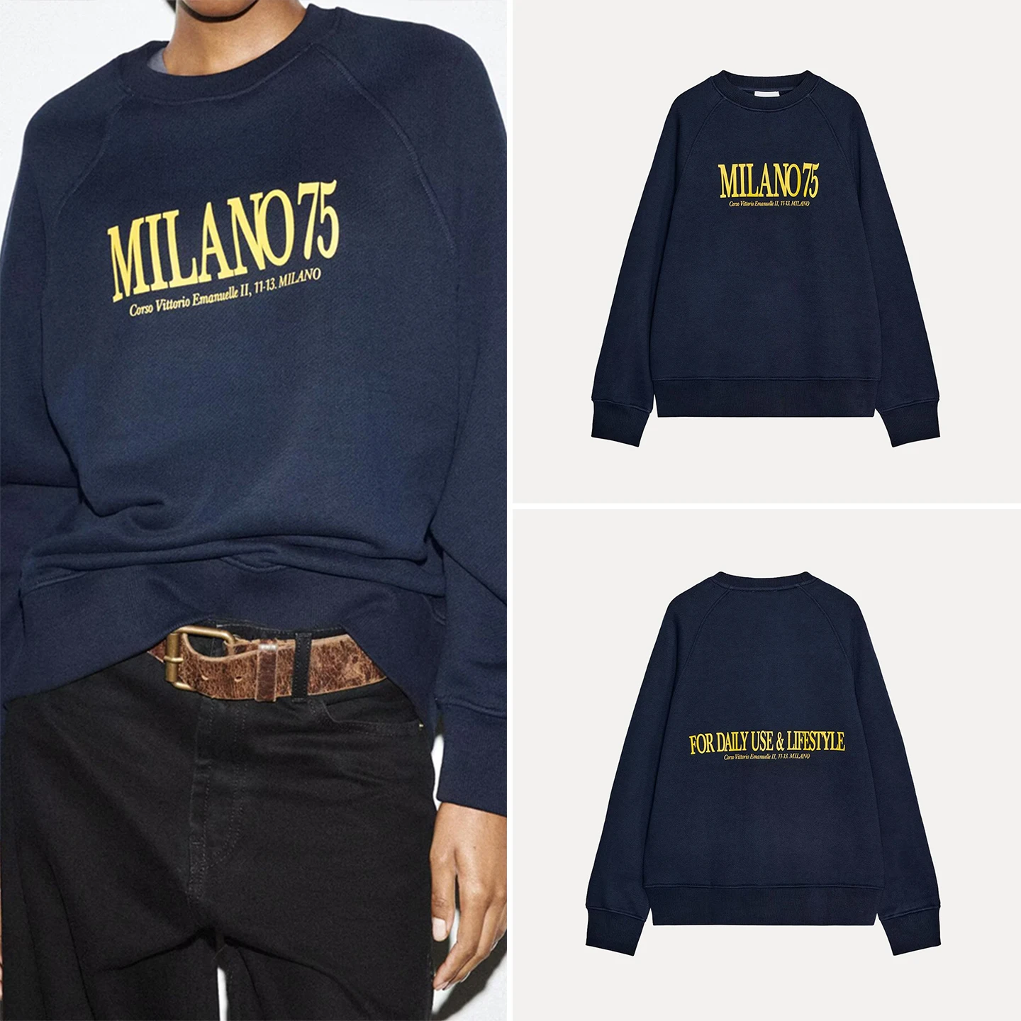 

ZADATA 2025 Новая модная толстовка с принтом, женская, свободного кроя, с длинным рукавом, круглым вырезом, цельная, производство Китай, осенний сезон