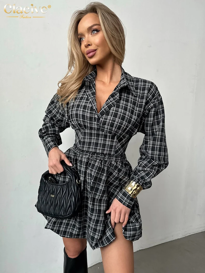 

Clacive Fashion Slim Black Plaid 2 Piece Set Women Elegant Long Sleeve Crop Shirt With High Waist Pleated Mini Skirt Set Female