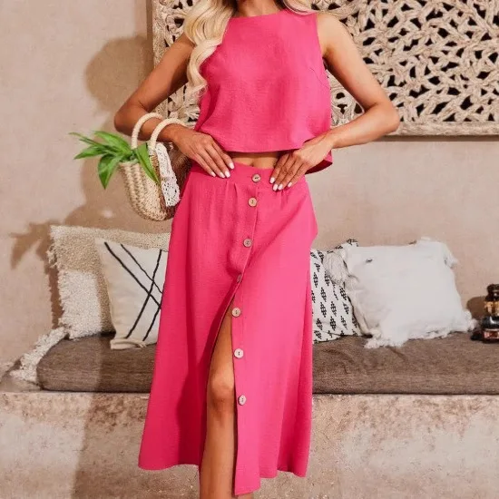 

Новинка 2023 года, летний комплект для женщин, повседневный жилет, костюм с юбкой, свободный жилет без рукавов, однобортная юбка, комплект из 2 предметов, женский наряд