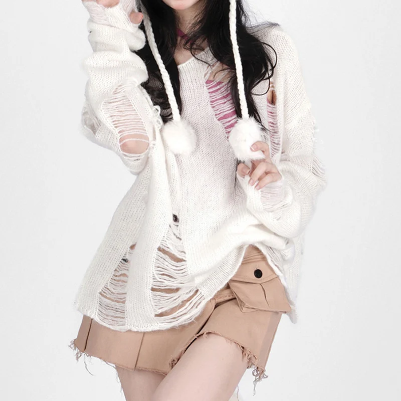 Female Sun Protection Shirt Lazy Wind Design Sense Oblique Shoulder Sweater Broken Hole Hollowing Loose Solid Color Top