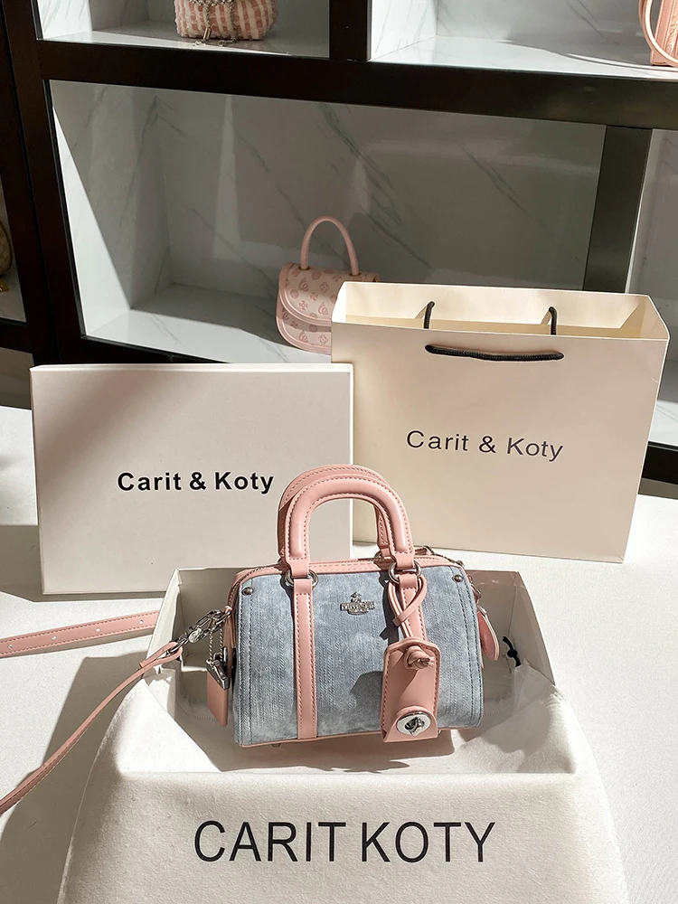 

Classic and Luxury Handheld Denim Boston Bag with Contrast Color and Pendant Women's High Quality Crossbody Handbag for Party