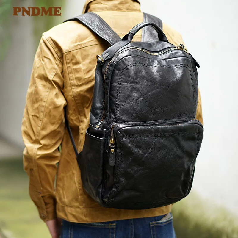 PNDME Fashion Designer High Quality Genuine Leather Men\'s Black Backpack Casual Outdoor Travel Real Cowhide Laptop Schoolbag