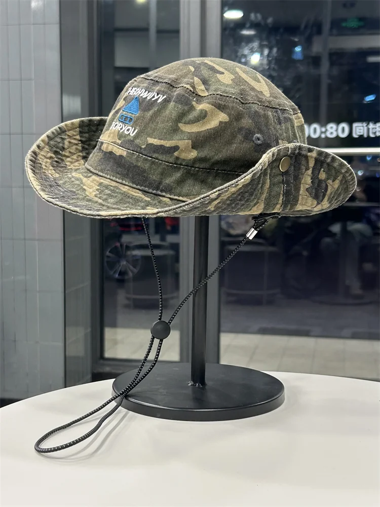 

Retro bucket hat men's and women's spring and summer outdoor hiking mountain hat versatile big brim drawstring sun hat