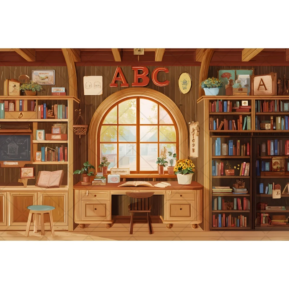 Back to School Blackboard Bookshelf Photography Background Window Globe Graduation 2026 School Students Portrait Photo Backdrop