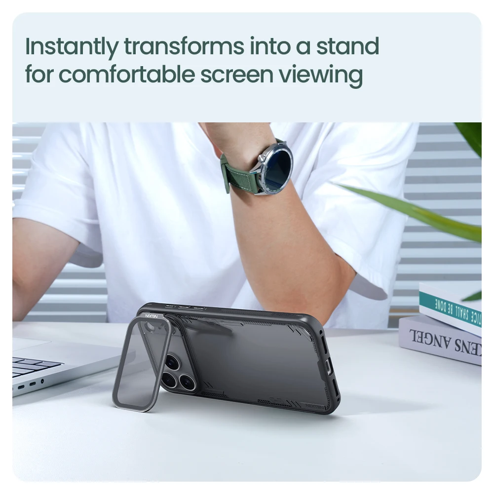 

For iPhone 17 Pro Max / 17 Pro Nillkin case Iceblade Prop transparent Clear Lens 360 full Camera Stand Back Cover Protection