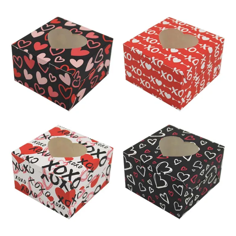 12PCS Valentine Theme Love Heart Cute Cookie Paper Boxes Party Favor Candy Gift Box With Window