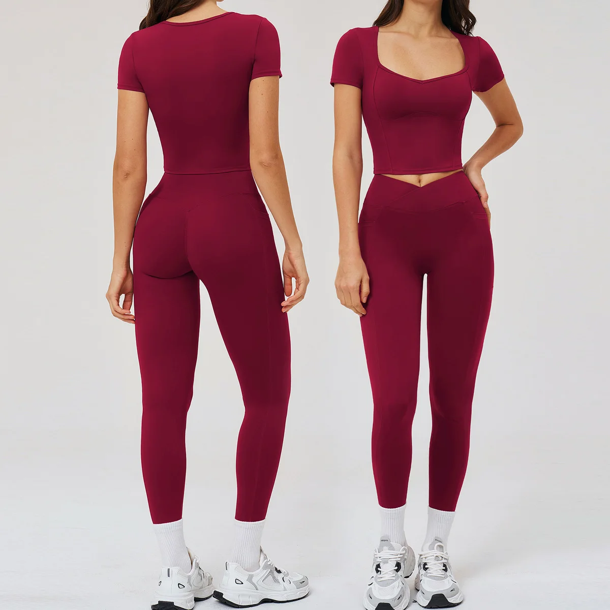 2PCS Yoga Suit Sports Set Women Gym Tracksuit Running Workout Clothes Sports Short-sleeved T-shirt Athletic Wear Fitness Legging