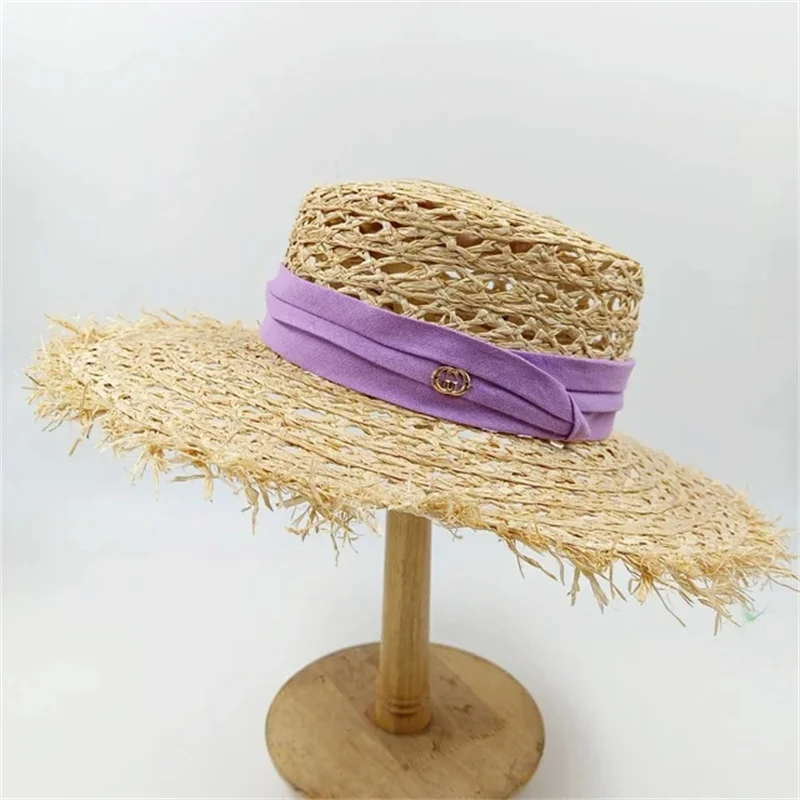 Wide brim flat top Lafite summer straw hat ribbon accessories sun hat women's hollowed out sun hat beach hat