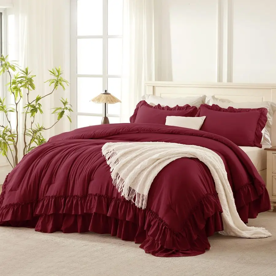 

Burgundy Ruffle Comforter Set King, Shabby Chic Farmhouse Bedding Comforter, Soft Lightweight Fluffy Microfiber Bet Set All Seas