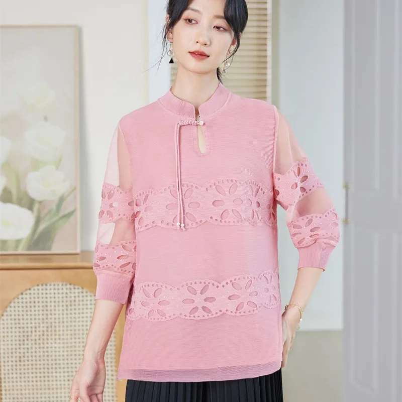 Tops For Women Early Autumn Vintage Fashion Mesh Chinese Style Stand Collar Three Quarter Sleeve Middle-age Mother T-Shirt