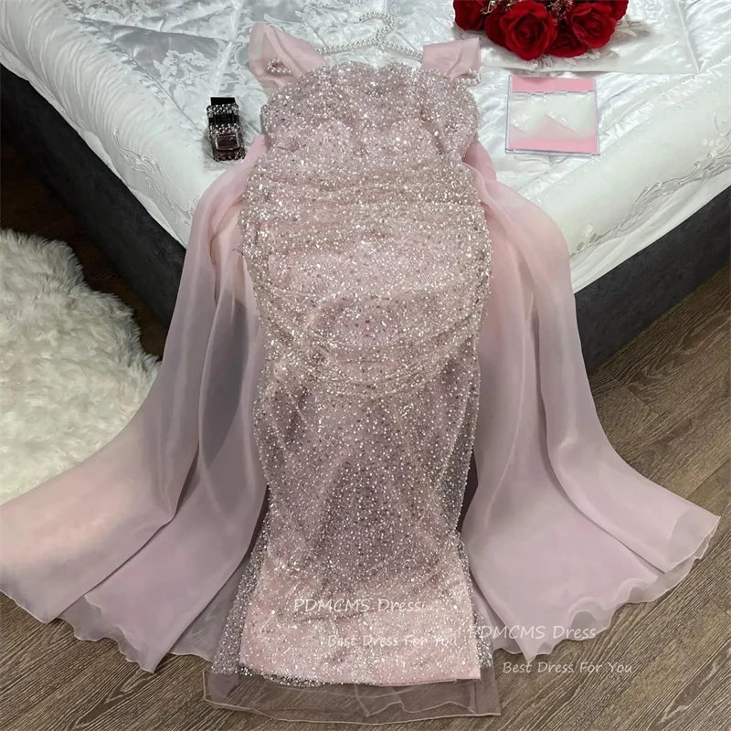 Sparkly Glitter Pink Evening Dresses Floor Length Long Prom Gowns Organza Bow Back Formal Occasion Party Dress Vestido de fiesta