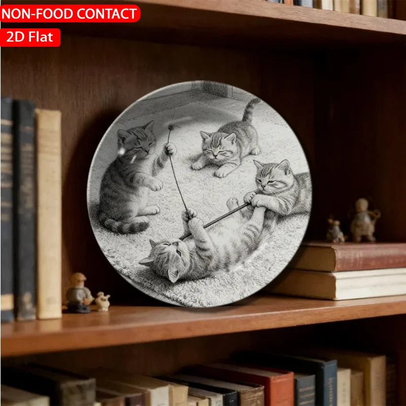 1pc Retro Ceramic Plate with Pencil Sketch Kitten - Non-Food Contact Suitable for Home Desk Decor, Vintage Plate for Living