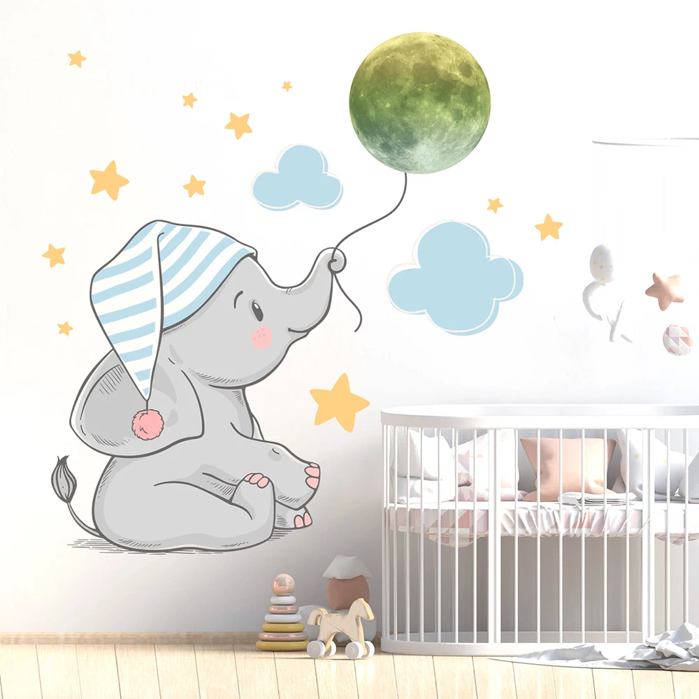 1set Cartoon Elephant Moon Luminous Sticker Glow In The Dark Wall Stickers For Baby Kids Room Bedroom Home Decoration Wall Decal