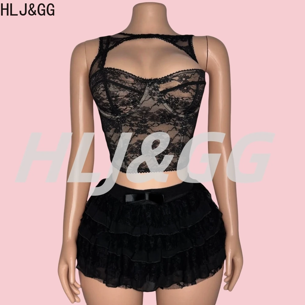 HLJ&GG Trendy Fashion Lace See Though Corset Two Piece Sets Women Hollow Sleeveless Slim Crop Top + Ruffle Skirts Shorts Outfits