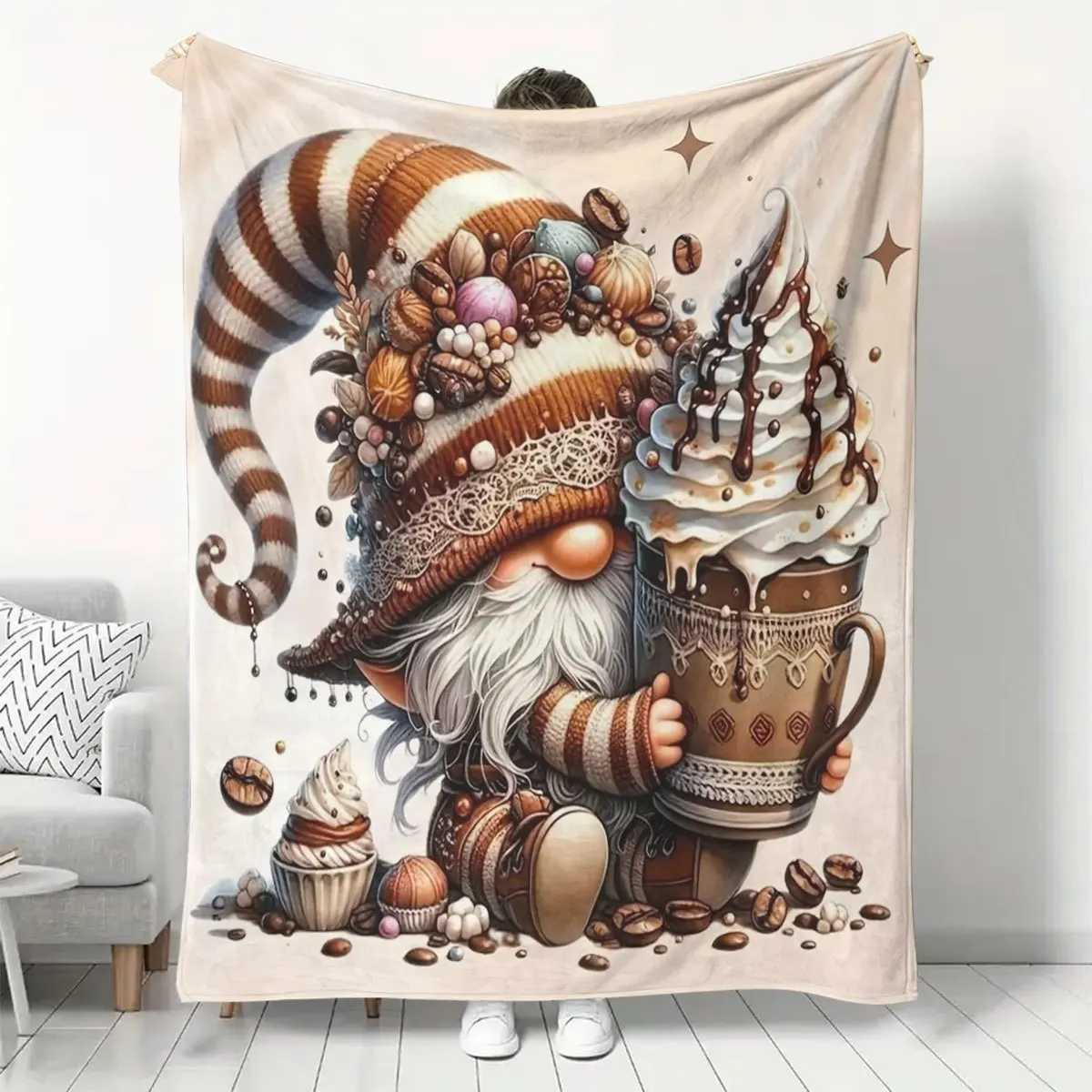 Gnome and Ice Cream Print Flannel Fleece Blanket, Soft Cozy Throw for Sofa, Home Leisure, Air Conditioning, Nap, Office Bed, Cam