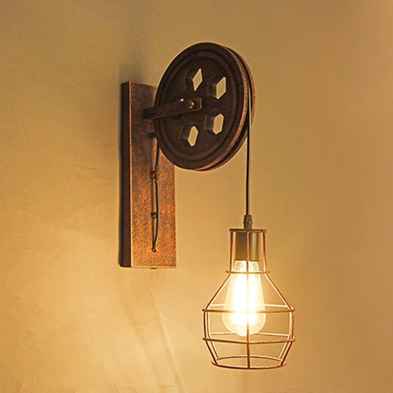 

220V Adjustable Retro Industrial Iron Pulley Wall Sconce Light E27 Base with Edison LED Bulb Suitable for Restaurant Hallway