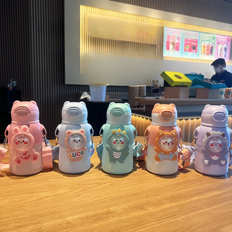 500ml Cute 3D Bear Rabbit Kids Insulated Water Bottle with Straw, Portable Stainless Steel Thermos with Strap view 4