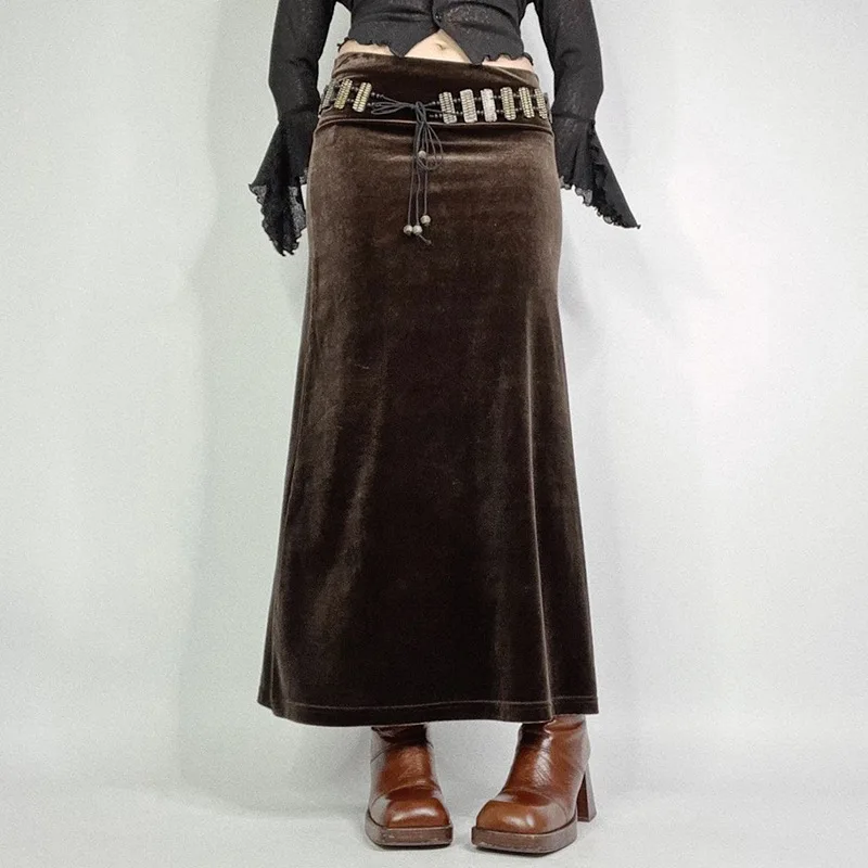 

American Style Sexy Autumn Winter Pure Color Versatile Velvet Long Skirt High Waist Retro Simple Bodycon Halflength Skirt