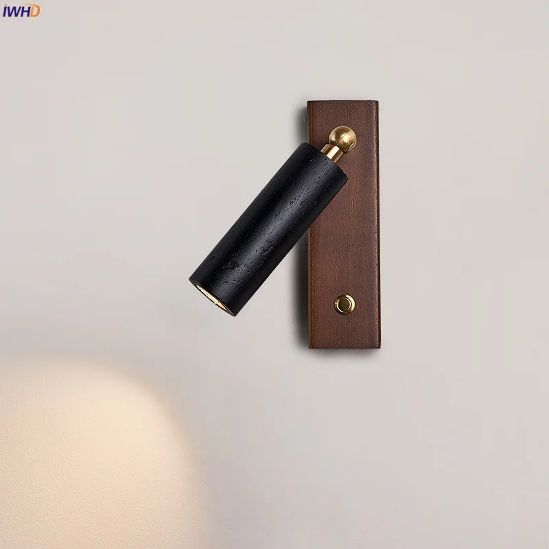 

IWHD Wabi Sabi Vintage LED Wall Lights For Home Lighting Living Room Button Switch Black Travertine Bedroom Lamps Lampara Pared