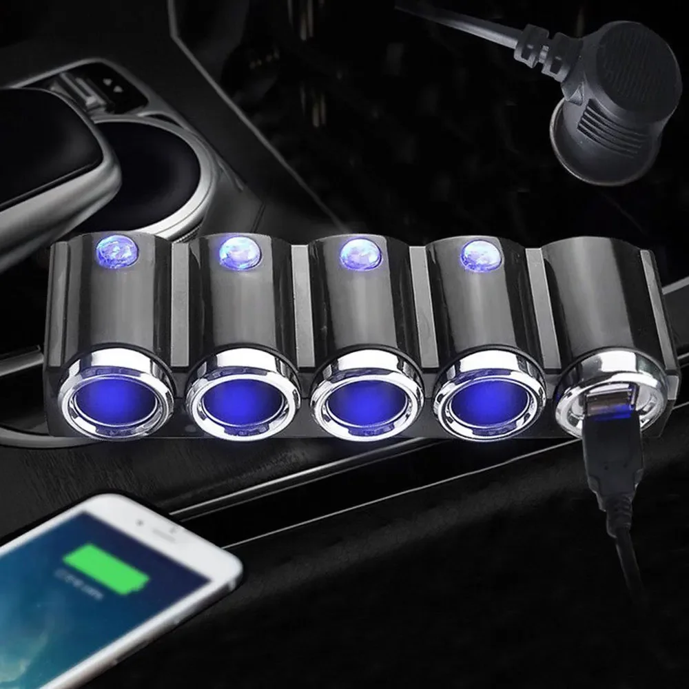 Universal Car Charger 12V 24V 4 Way Cigarette Lighter Multi Socket Auto Splitter Power Charger Car Adapter Dual USB Car Charger