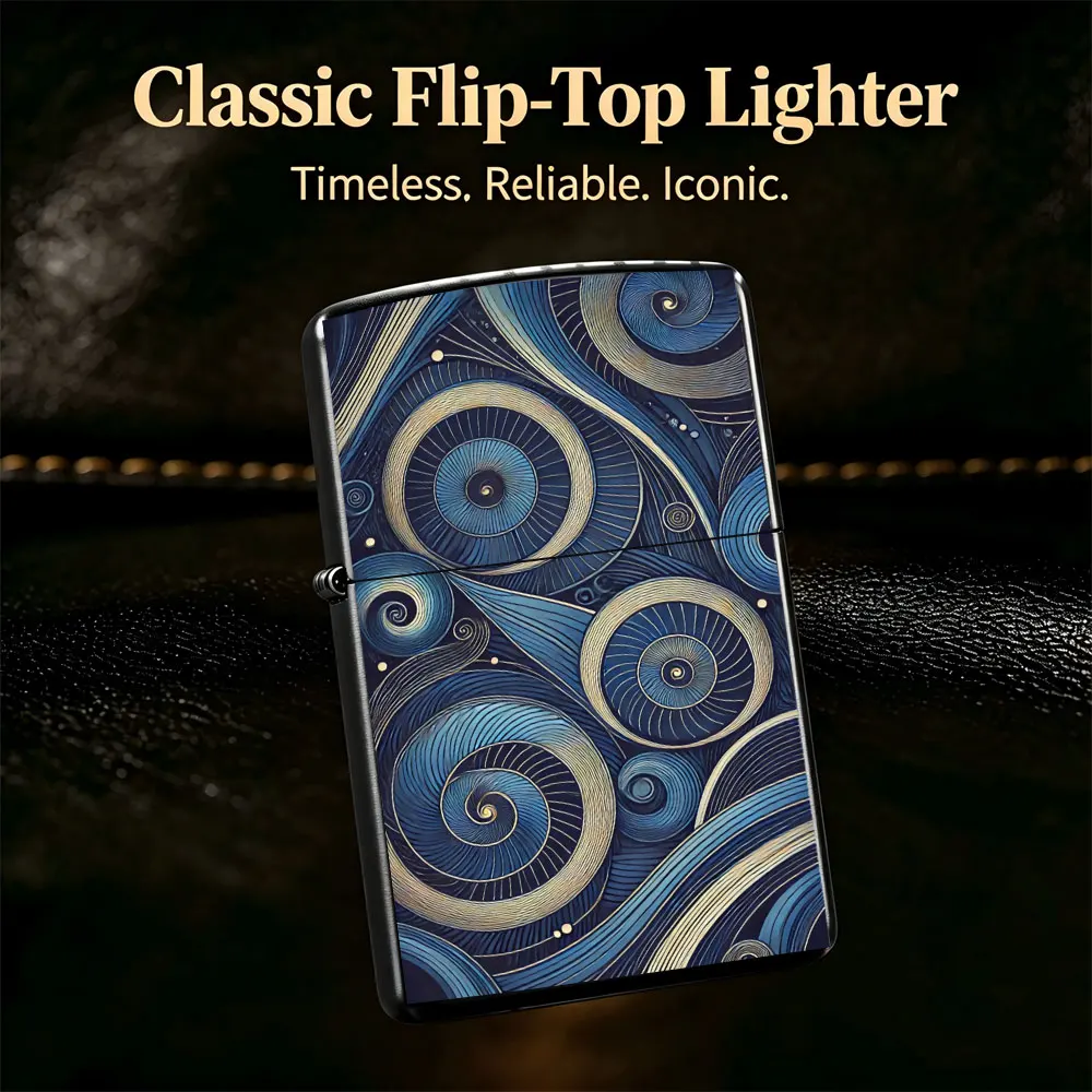 Pocket Lighter - Windproof Flip-Top Design with Blue Gold Spiral Pattern, Ergonomic Grip, Refillable Butane Lighter for Outdoor Camping and Everyday Use