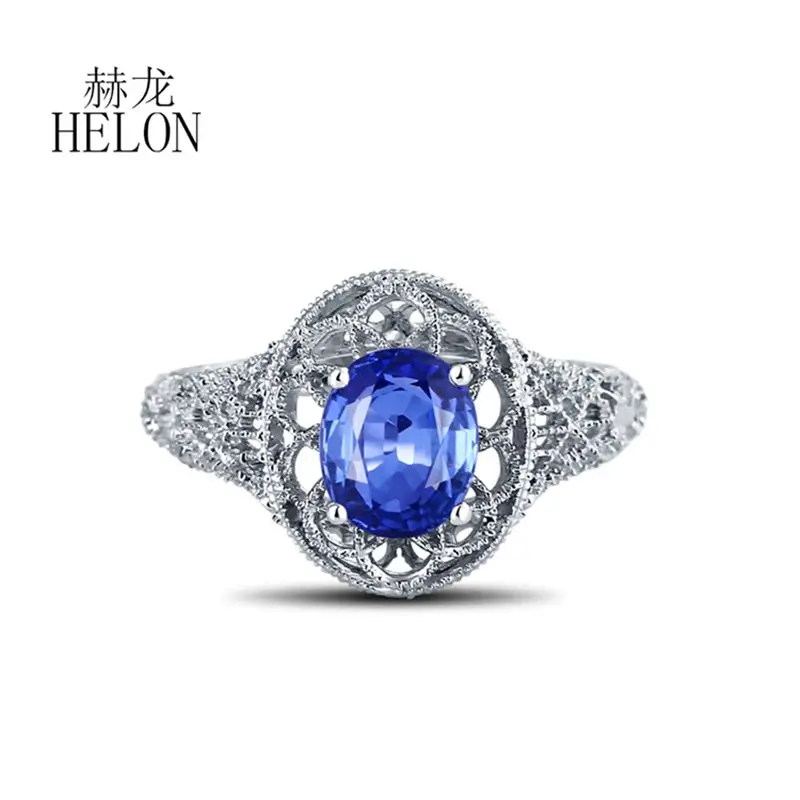 

HELON 8X6mm Oval Genuine Sapphire Engagement Wedding Ring Setting Solid 18k White Gold AU750 Gemstone Women Ring Vintage Jewelry