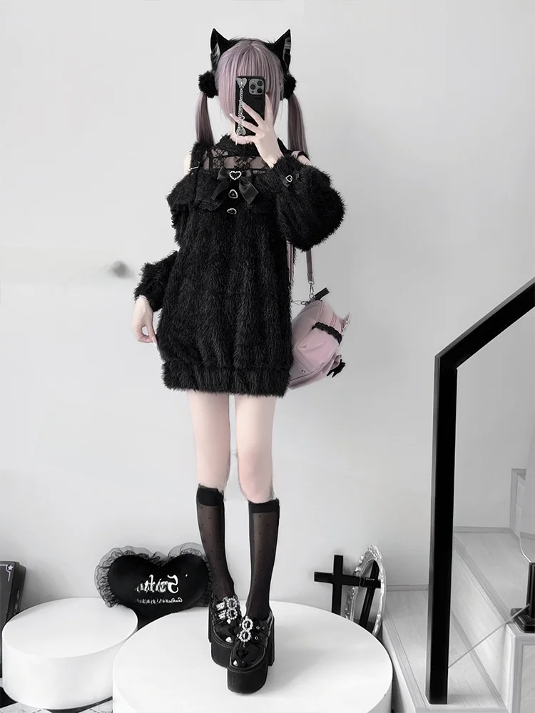 

Black Long Lace Sweater Jacket Hollow out Shoulder Y2K Subculture Mass Production Style Sweet Loose Fit Polyester Fiber Soft