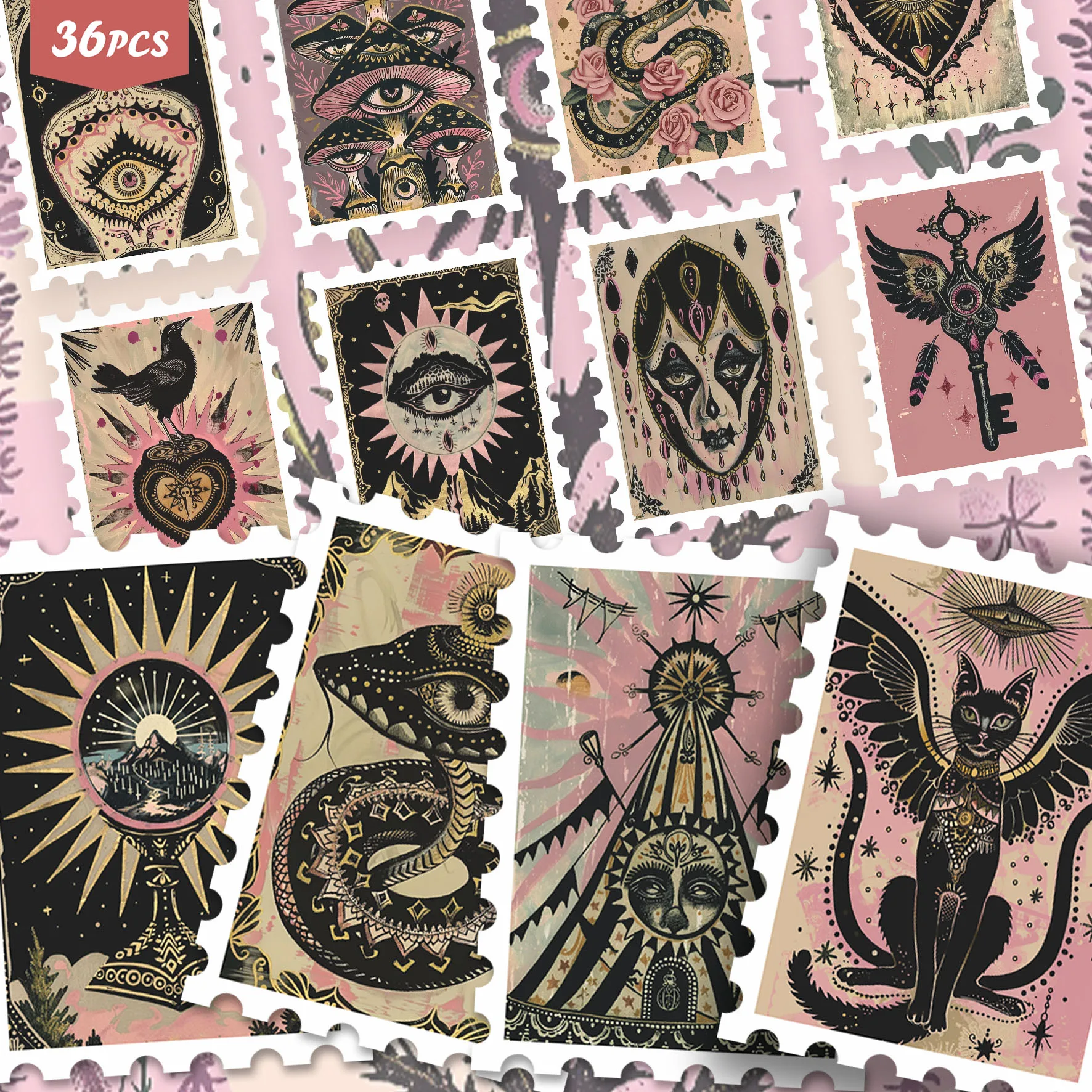 36PCS Mystic Art Sticker Collection, pink‑black occult‑style patterns, vintage bold tone, great for journals, tumblers, for pads