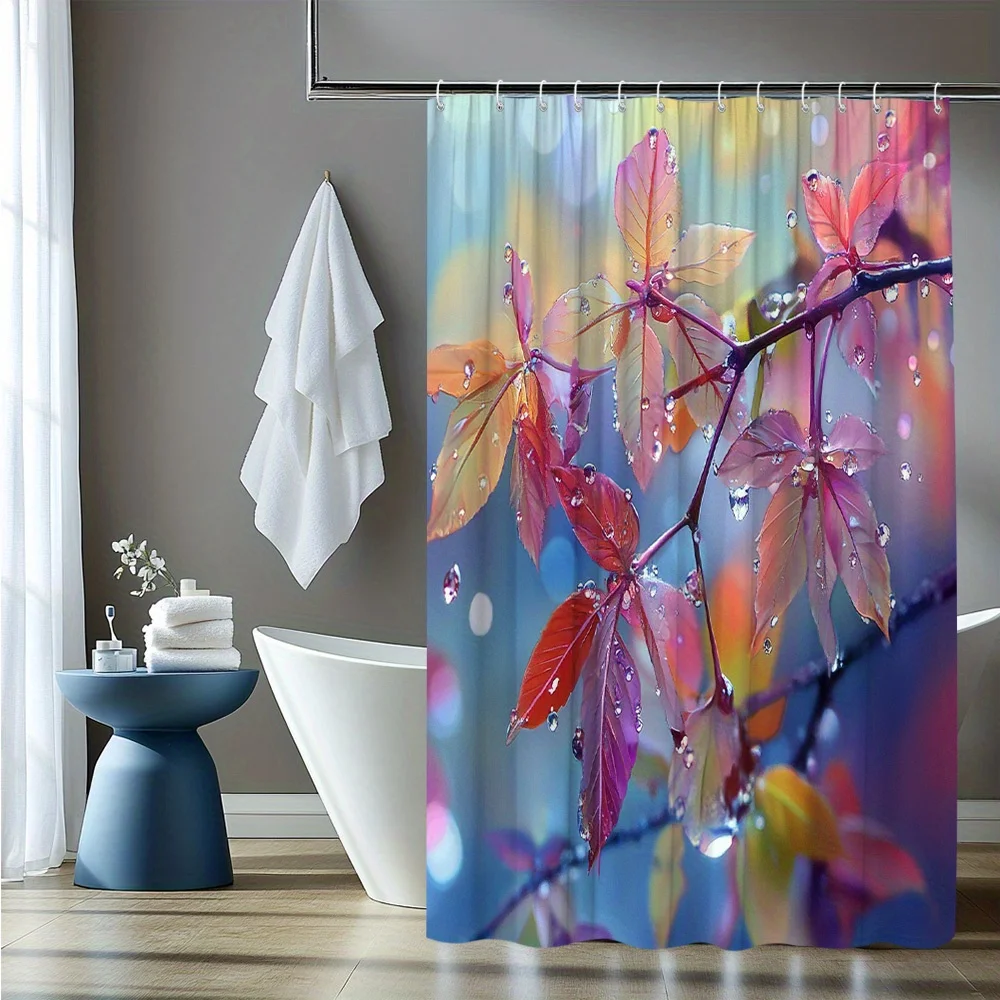 ستارة دش بأوراق الندى النابضة بالحياة - فن طبيعي ملون لديكور الحمام الحديث، تصميم مقاوم للماء وسهل العناية #1