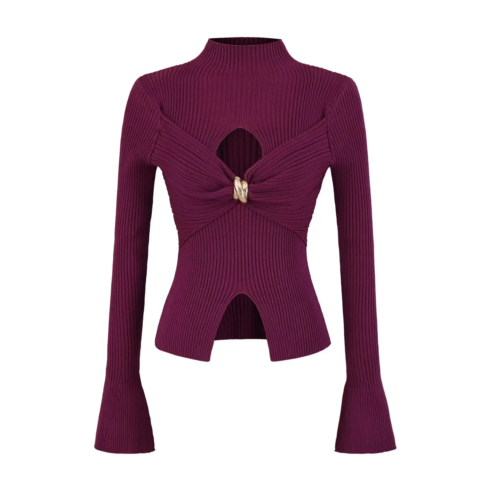 官能的な透かし編みニットベースシャツ レディース スリムフィット ハイネック インナーウェア メタルバックル ピュアデザイアスタイル 半袖トップス