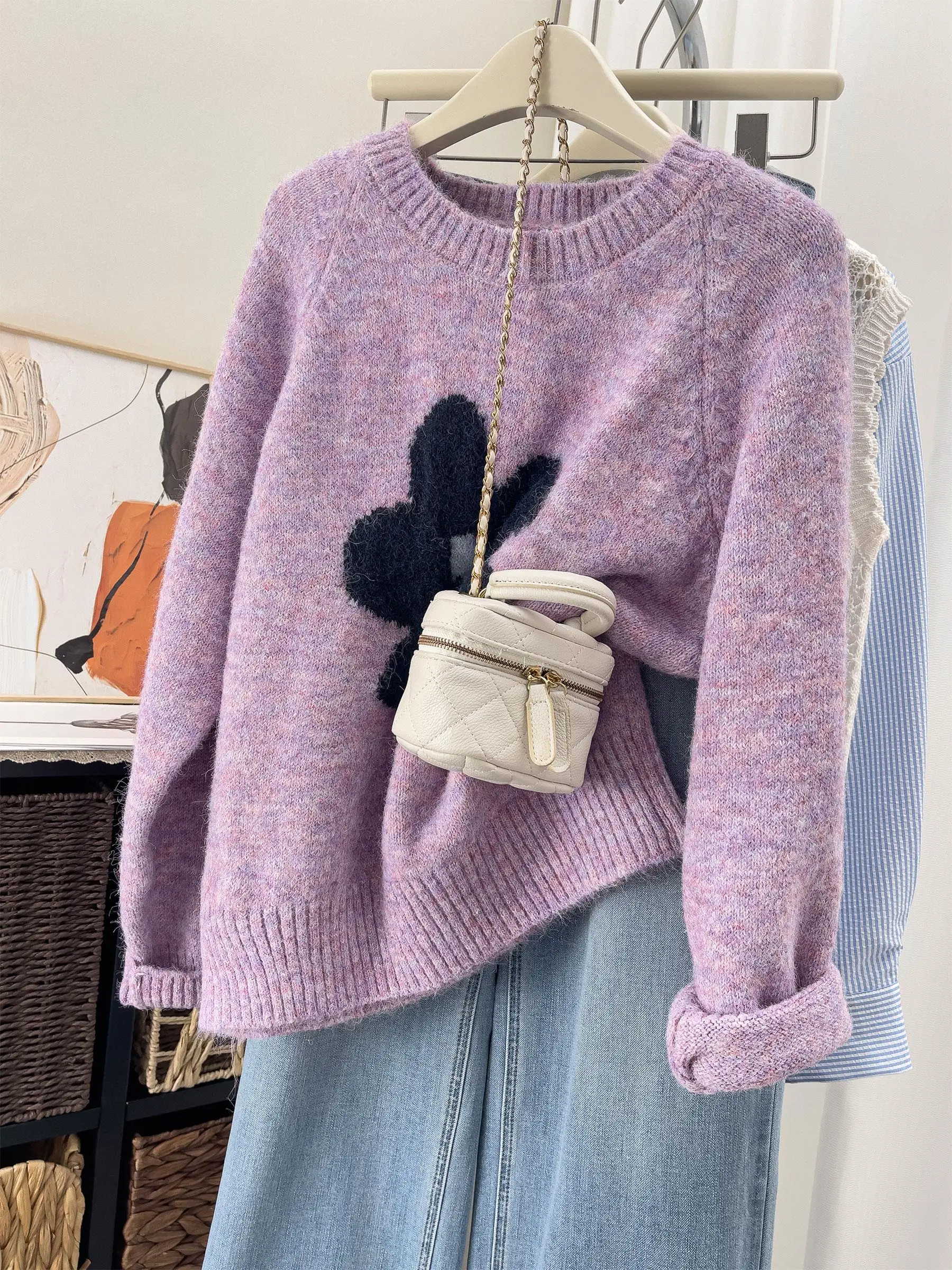 الأزهار متماسكة سترة Jaet المرأة أوائل الخريف جديد Sle الكورية Aosphere أعلى الخريف الشتاء فضفاضة تناسب طويلة Sve جولة Ne #1