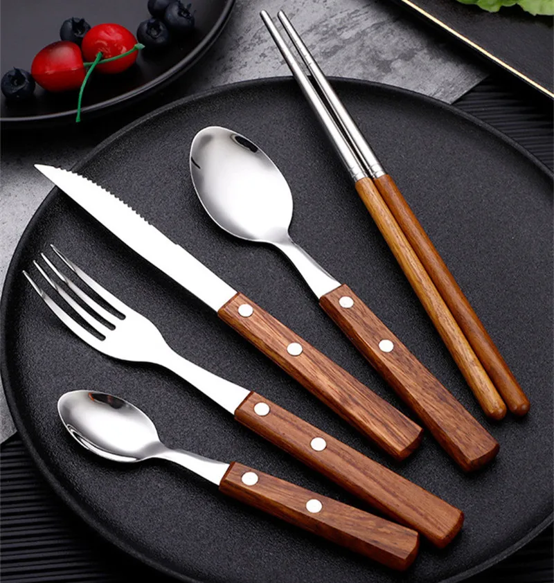 Wooden Handle Cutlery Set Western Stainless Steel Spoon Chopsticks Steak Knife Fork Tableware Vintage Dinnerware Kitchen Utensil