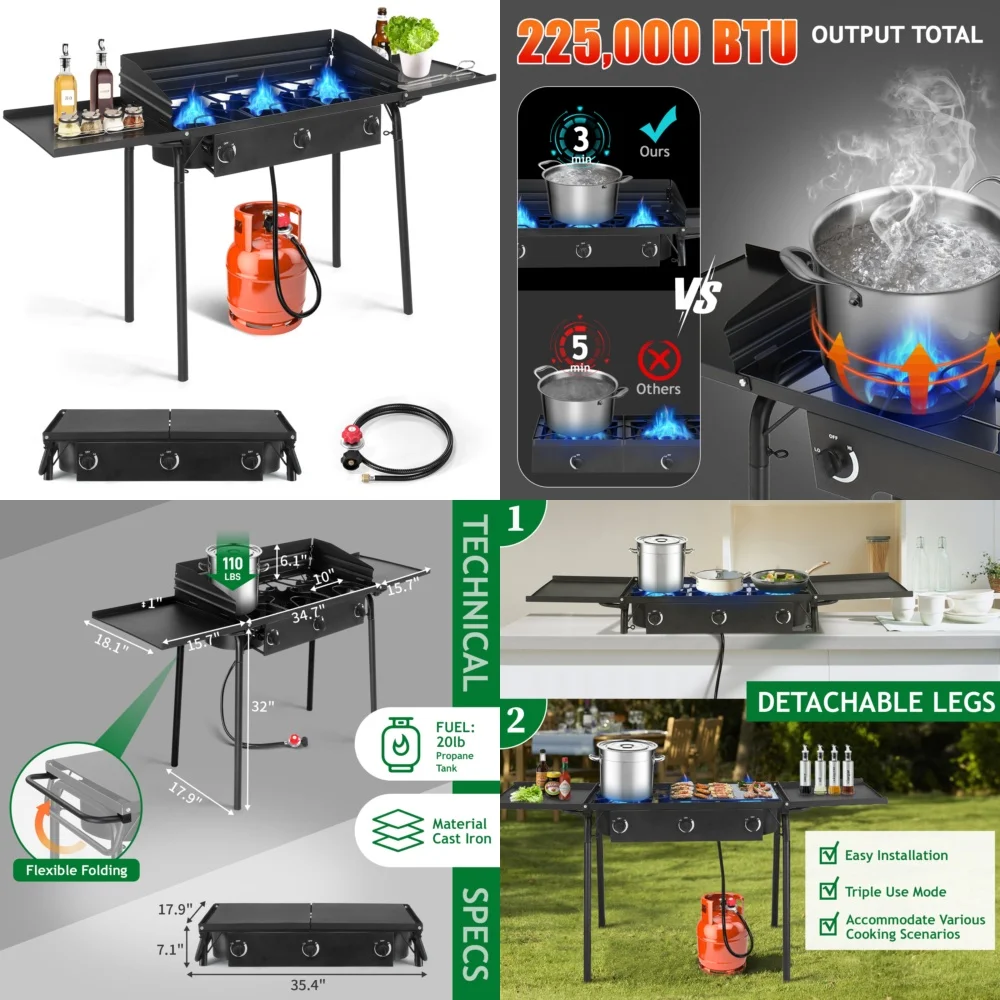 

bbq grillsPropane Gas Cooker 225000 BTU 3 Burner Outdoor Camping Stove with Shelf BBQ Grill for Picnic Patio Cooking