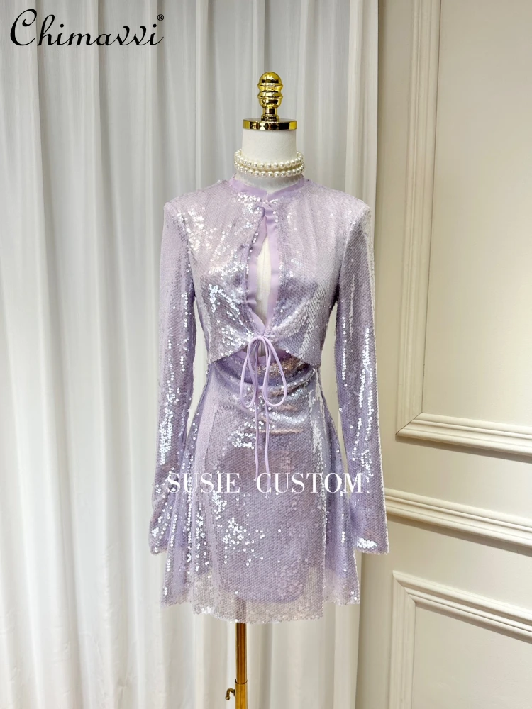 

Purple Dress for Women 2023 Autumn Glitter Hollow Collar Lace-up Waist-Controlled A-Line Skirt Swing Slip Cuff Dress Sexy Dress