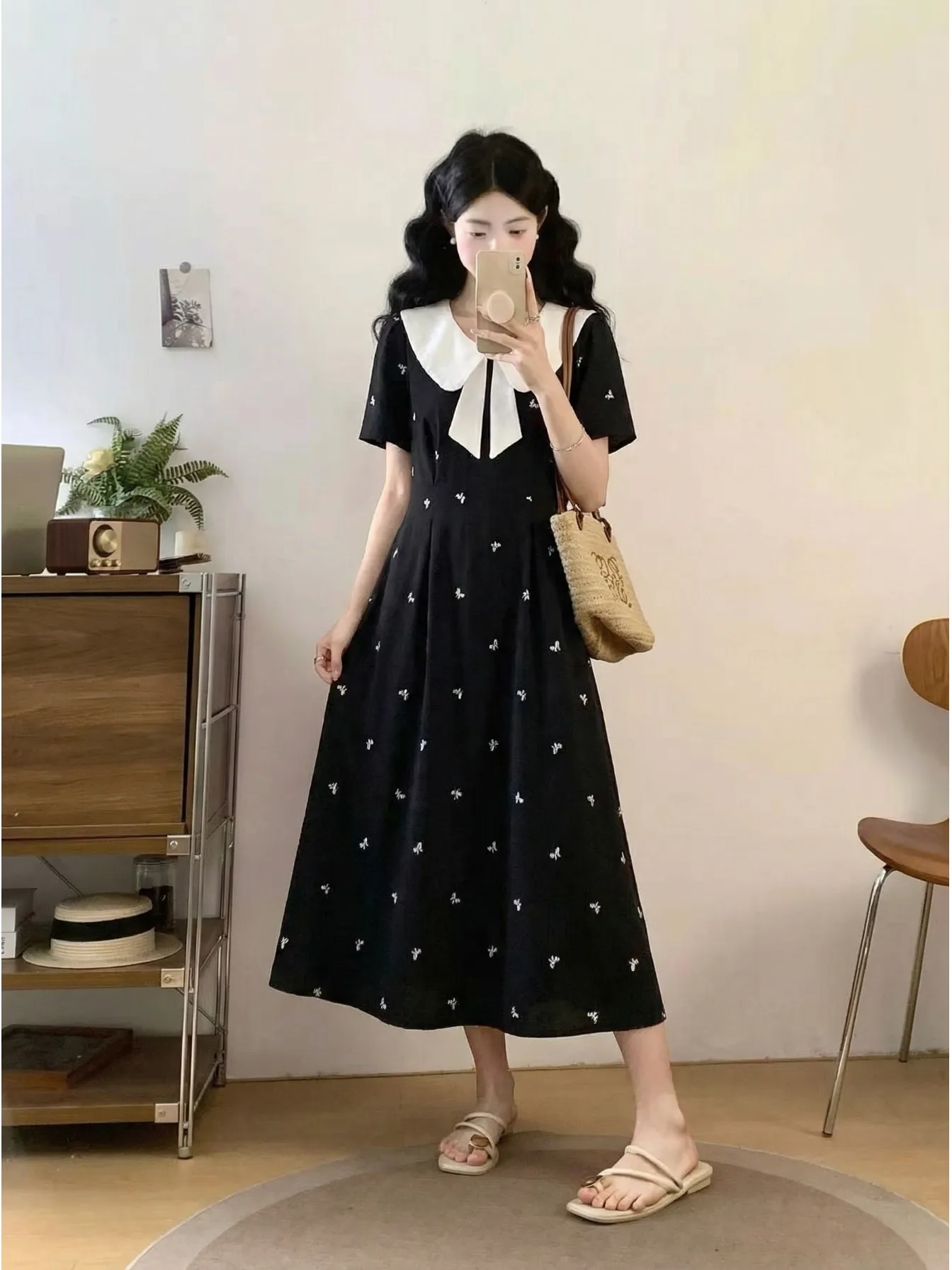 

plus Size Black Summer Doll Collar Dress Slimming Waist Concealing Belly Fashionable Versatile Women's Clothing A-Line Midi D...