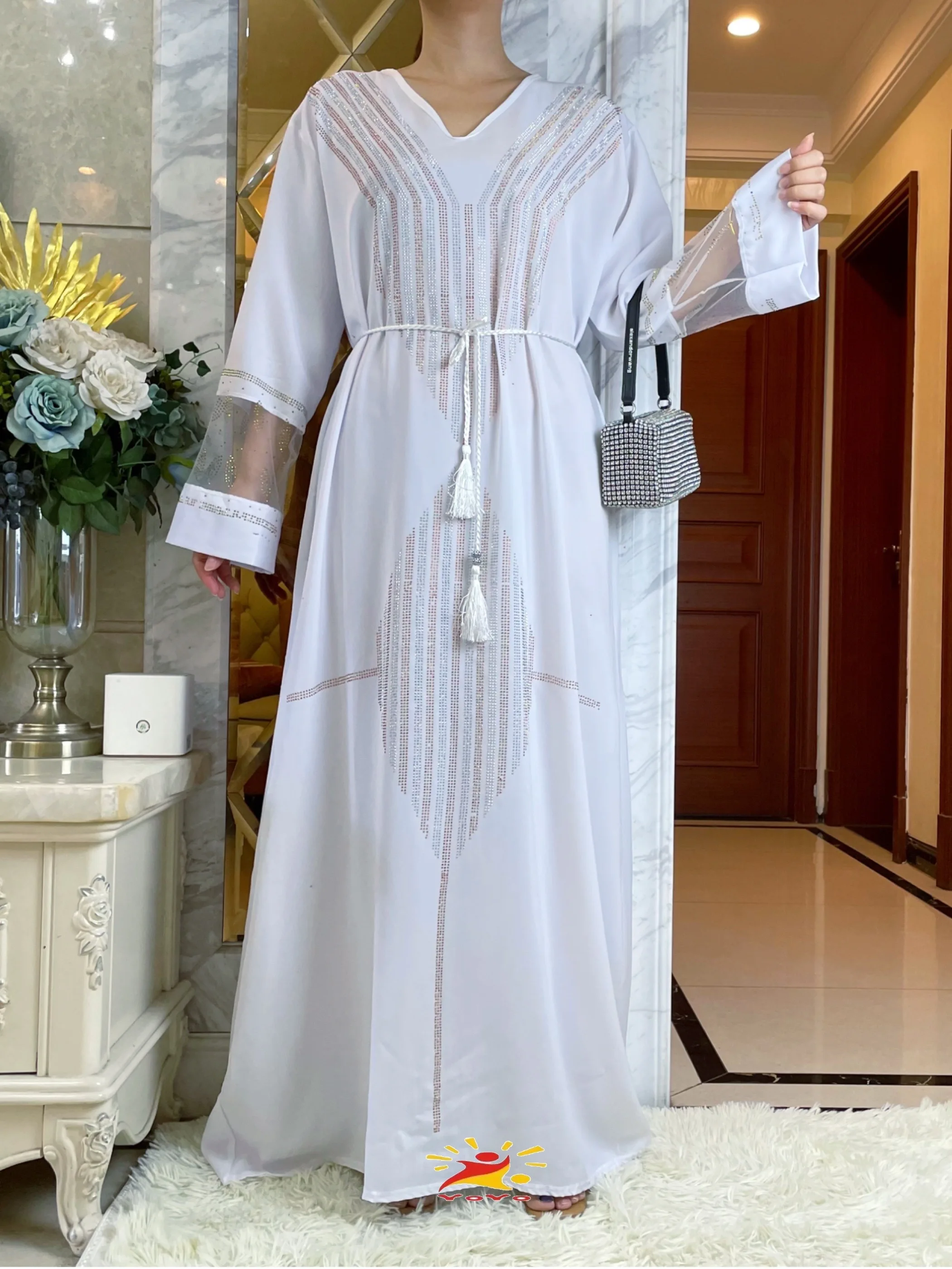 2023 Autumn Abaya Muslim Woman Long Sleeve Dress Ramadan Prayer Diamonds Kaftan Arabic Islamic Chiffon Clothing Moroccan Caftan