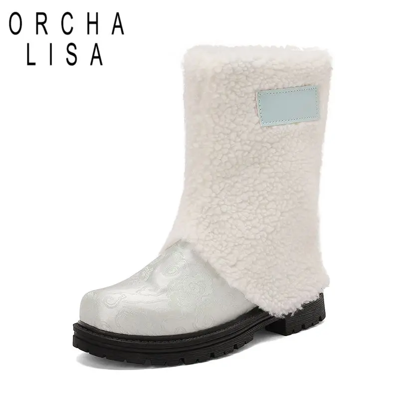 

ORCHA LISA Горячие женские сапоги до середины икры с круглым носком, толстые каблуки 3 см, нескользящие, повседневные, теплые, смешанные цвета, большой размер 46, зима