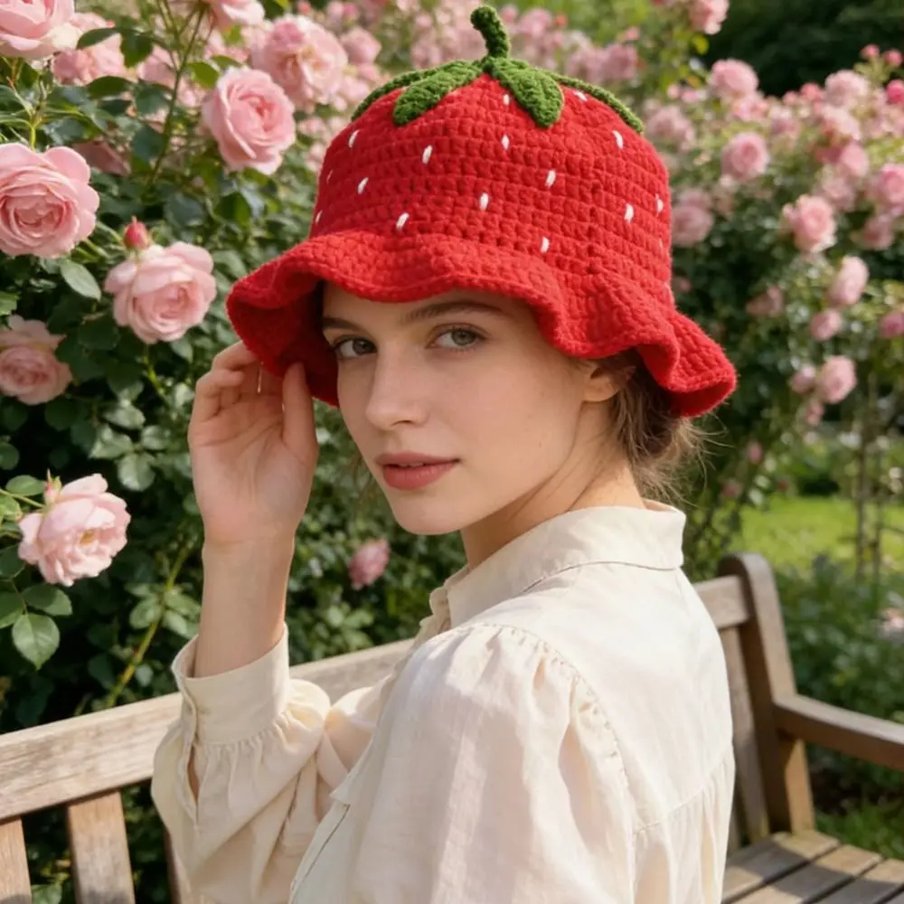 Creative Ruffle Strawberry Knitted Hat orange Stretch Knitted Bucket Hat Thickened Soft Crochet Beanie Cap Streetwear