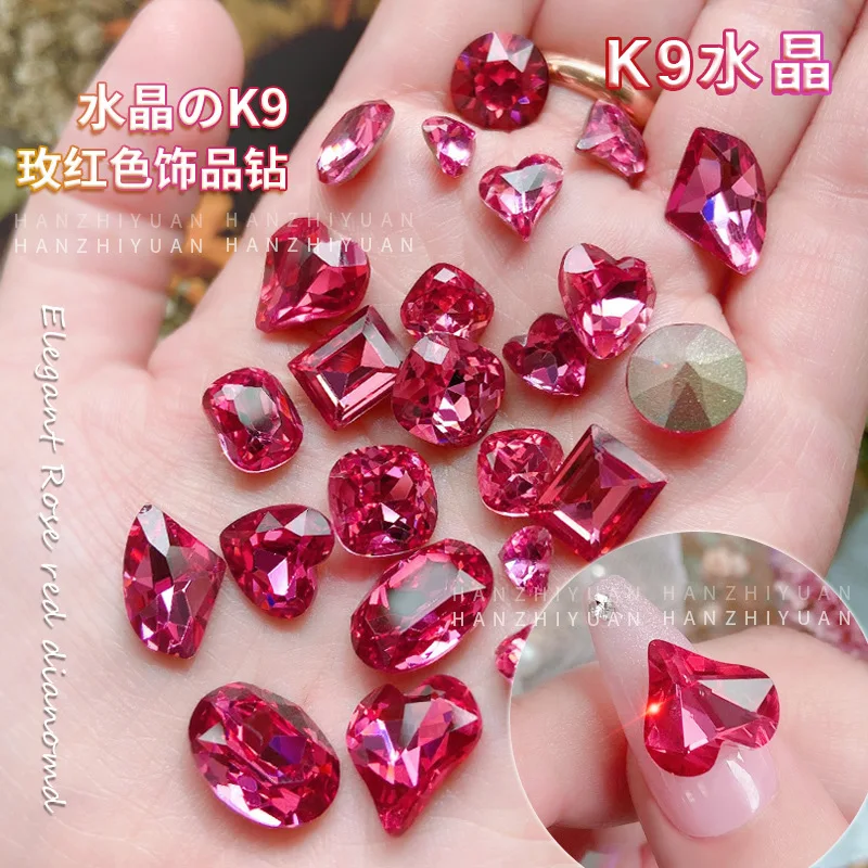 10Pcs Rose Red K9 Nail Glass Crystal Rhinestones Point Bottom Nail Art Rhinestones Charms For Manicure DIY 3D Crafts