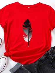 Camiseta preta com estampa de pena feminina, manga curta, gola O, top solto, camiseta verão